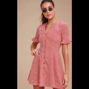 Lulus Castana Rust Red Print Button-Up Dress, XS